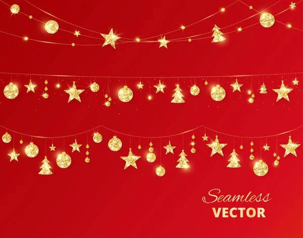 Decoración de oro de Navidad sobre fondo rojo. Marco del vector de vacaciones, frontera . — Archivo Imágenes Vectoriales