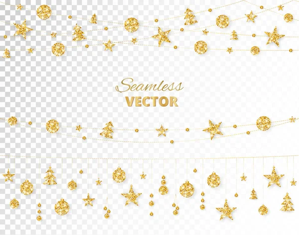 Décoration dorée de Noël isolée sur fond blanc. Cadre vectoriel de vacances, frontière . — Image vectorielle