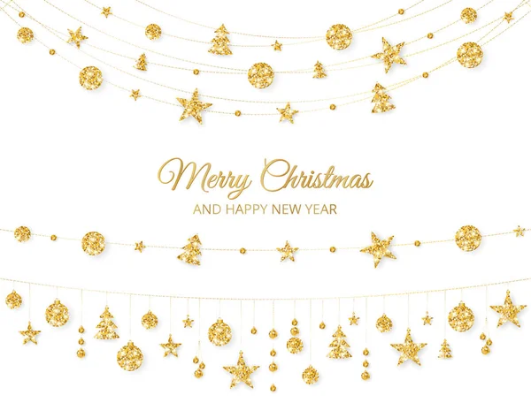 Dekorace vánoční zlatá izolovaných na bílém pozadí. Holiday vektor rám, hranice. — Stockový vektor