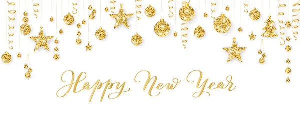 Banner con calligrafia Felice Anno Nuovo. Natale dorato glitter decorazione su una stringa — Vettoriale Stock