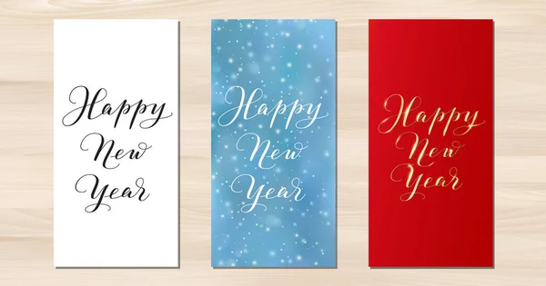 Feliz Año Nuevo tarjetas verticales. Caligrafía dibujada a mano aislada sobre blanco, oro sobre rojo. Fondo azul con nieve cayendo — Archivo Imágenes Vectoriales