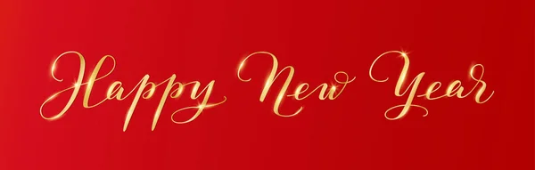 Feliz Año Nuevo caligrafía sobre fondo rojo. Texto dorado dibujado a mano — Vector de stock