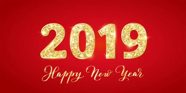 Diseño de tipografía de brillo 2019. Feliz Año Nuevo, caligrafía. Números brillantes dorados sobre fondo rojo — Vector de stock