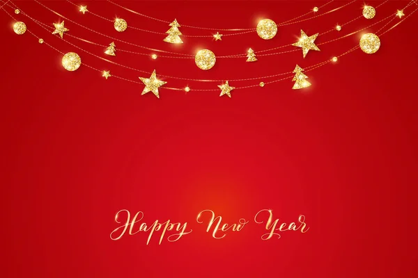 Banner con caligrafía Feliz Año Nuevo. Decoración de brillo dorado de Navidad en una cuerda — Vector de stock