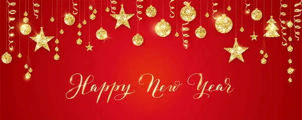 Banner con calligrafia Felice Anno Nuovo. Natale dorato glitter decorazione su una stringa — Vettoriale Stock