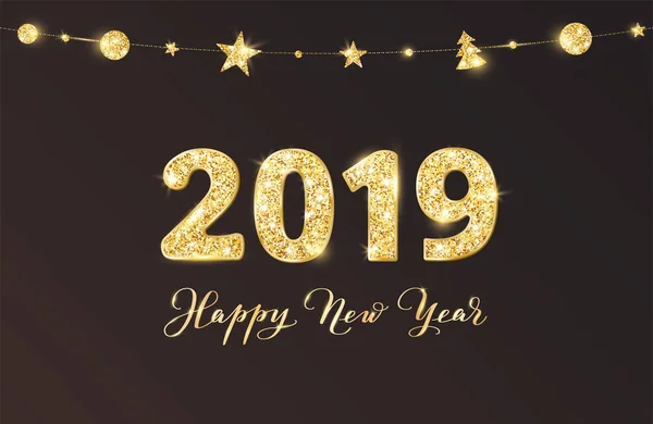 Diseño de tipografía de brillo 2019. Feliz Año Nuevo, caligrafía. Números brillantes dorados sobre fondo negro — Vector de stock