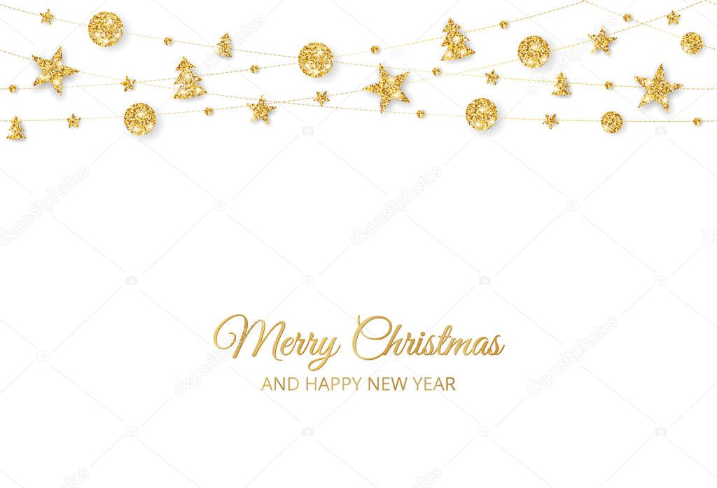 Christmas golden decoration on white background. Merry Christmas and Happy New Year card