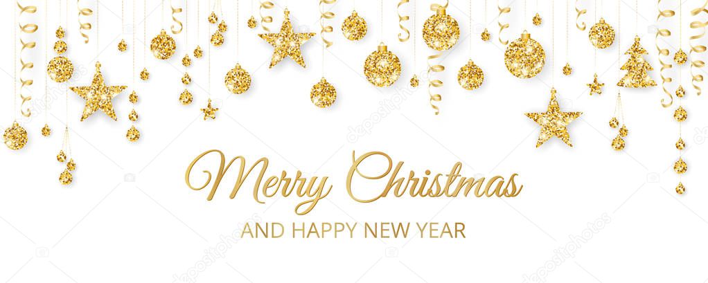 Christmas golden decoration on white background. Merry Christmas and Happy New Year card
