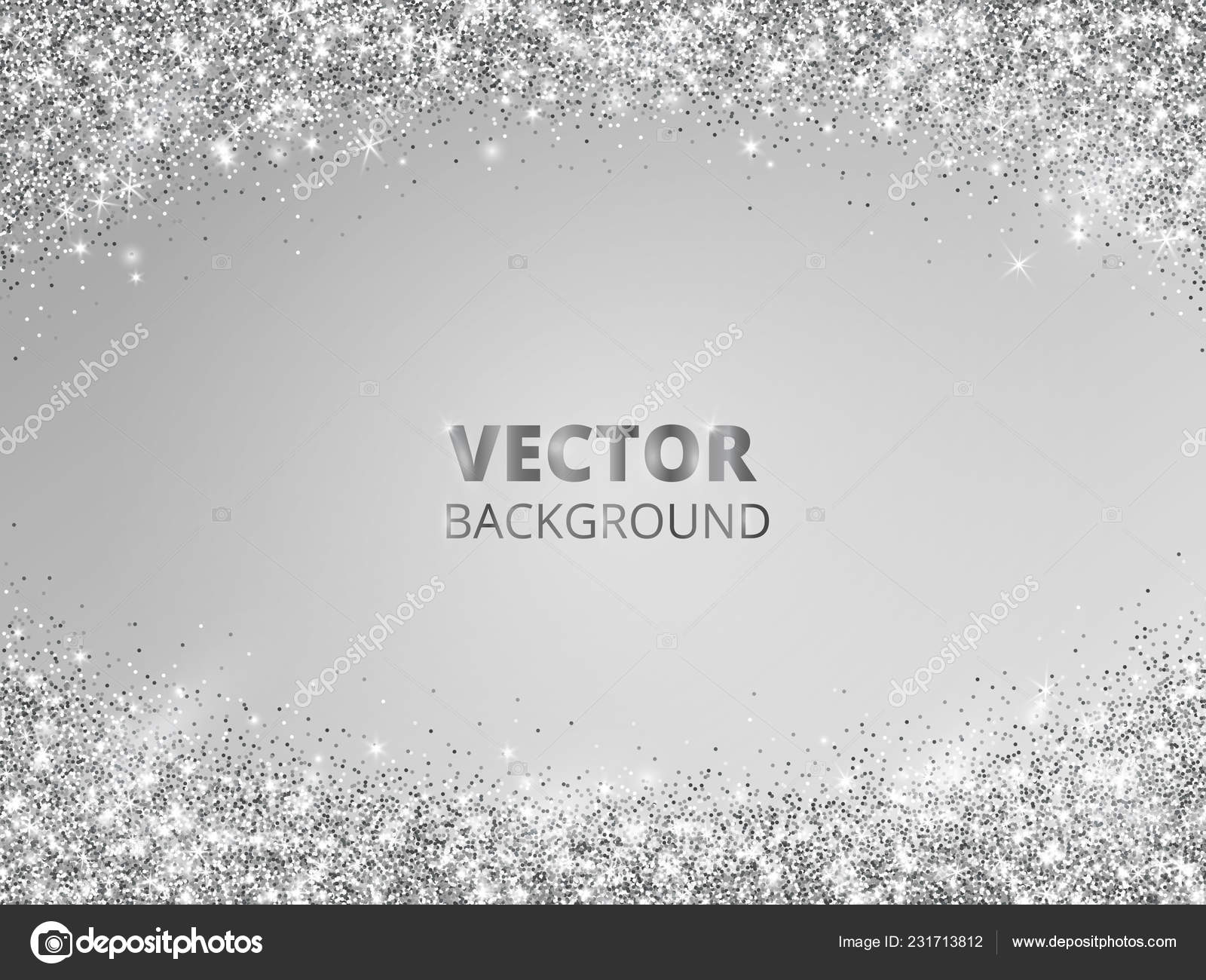 Sparkling glitter border, frame. Falling silver dust on gray background