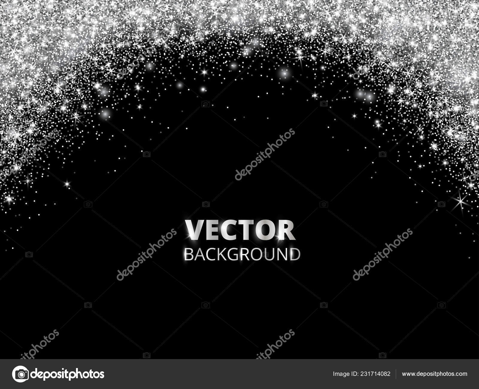 Sparkling glitter border, frame. Falling silver dust on black