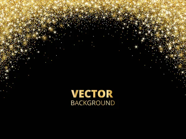 Sparkling glitter border, frame. Falling golden dust on black background. Vector gold arch decoration. — Stock Vector