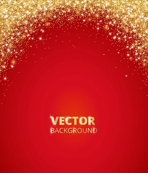 Borde brillante brillo, marco. Caída de polvo dorado sobre fondo rojo. Vector de oro brillante decoración . — Vector de stock