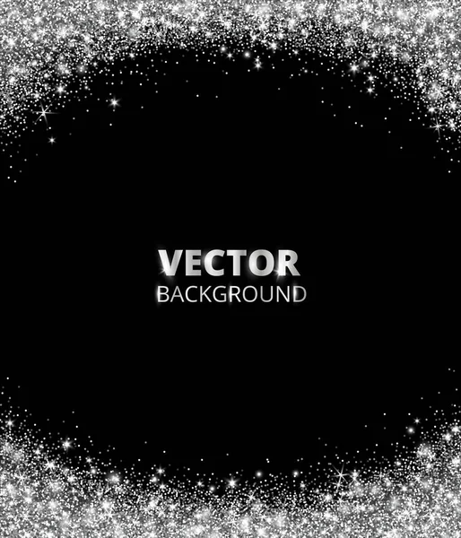 Gnistrande glitter gränsen, ram. Fallande silver damm på svart bakgrund. Vector glittrande dekoration. — Stock vektor