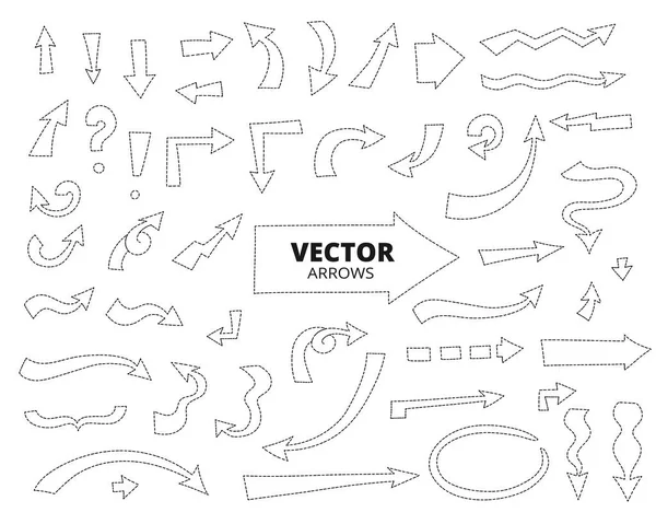 Set of hand drawn doodle arrows. Dashed line pen design elements — Stock Vector