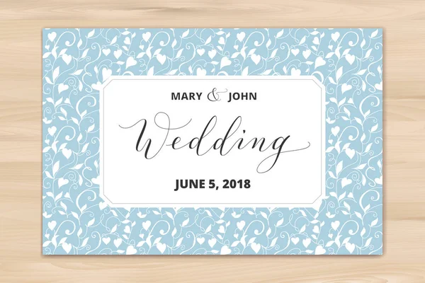 Cartão de casamento com corações fundo padrão, modelo de convite. Caligrafia personalizada escrita à mão . —  Vetores de Stock