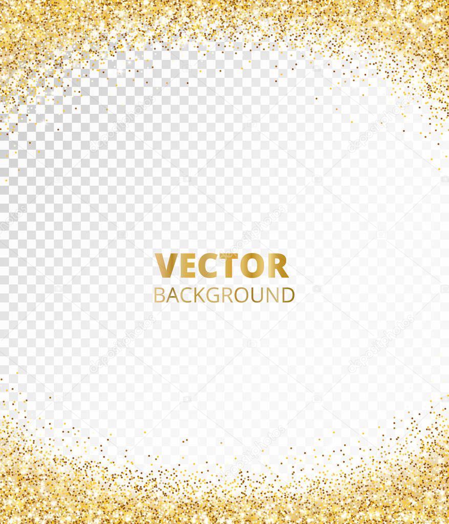 Sparkling glitter border, frame. Falling golden dust isolated on transparent. Vector gold glittering decoration.
