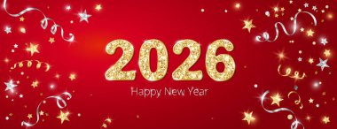 Mutlu yeni yıl afişleri. 2026 altın parıltılı sayı. Kırmızı arka planda altın ve gümüş konfeti. Uçan kurdeleler ve yıldızlar. Vektör dekorasyonu. Noel ve tatil başlıkları için, parti ilanları.