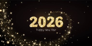 Sihirli parıltılı ve siyah arka planda parıldayan 2026 sayılı altın parıltı. Yılbaşı takvimi kapakları, kutlama afişleri ya da parti davetiyeleri için şenlik tasarımı.