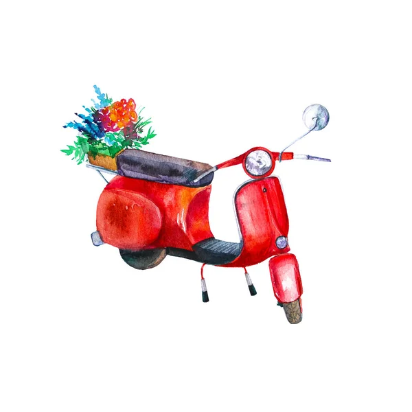 Scooter Retrô Desenhado Mão Ilustração Aquarela — Fotografia de Stock