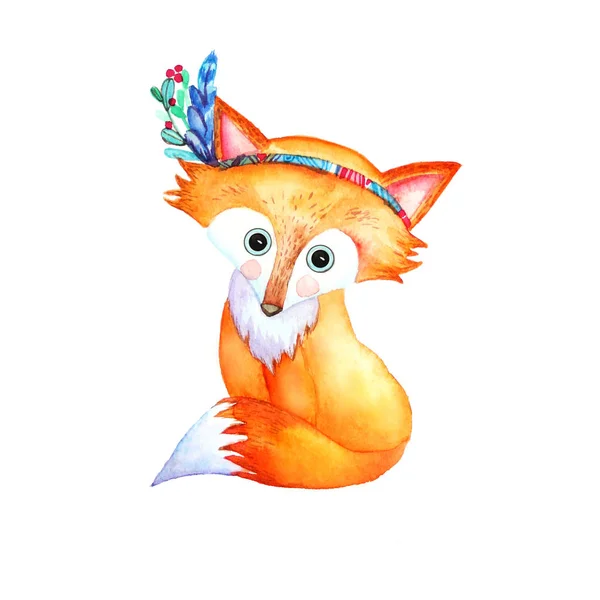 Schattige Aquarel Boheemse Baby Fox Kwekerij Geïsoleerd Bunny Bos Illustratie — Stockfoto