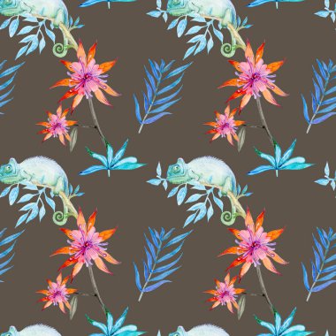 Bukalemun. Suluboya arka plan görüntüsü. Seamless modeli. 