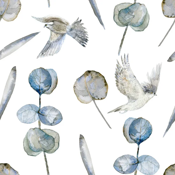 Blommiga Natur Element Växter Och Hök Fåglar Blå Sömlösa Mönster — Stockfoto