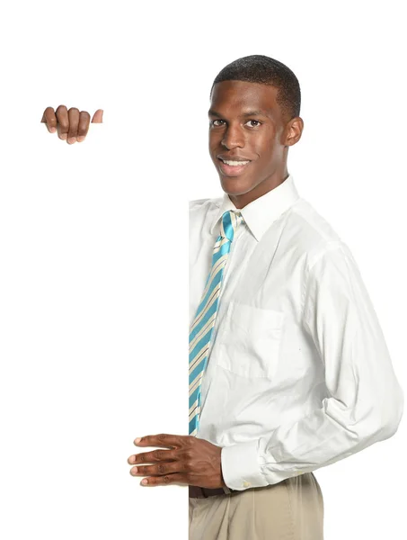 Young Businessman with blank sign — Stock Photo, Image