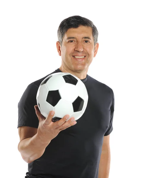Reifer Mann in der Hand eines Fußballs — Stockfoto