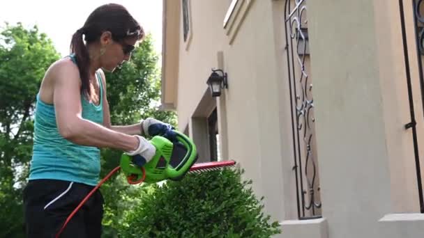 Vrouw Tuinieren Een Zonnige Dag Door Haar Huis — Stockvideo