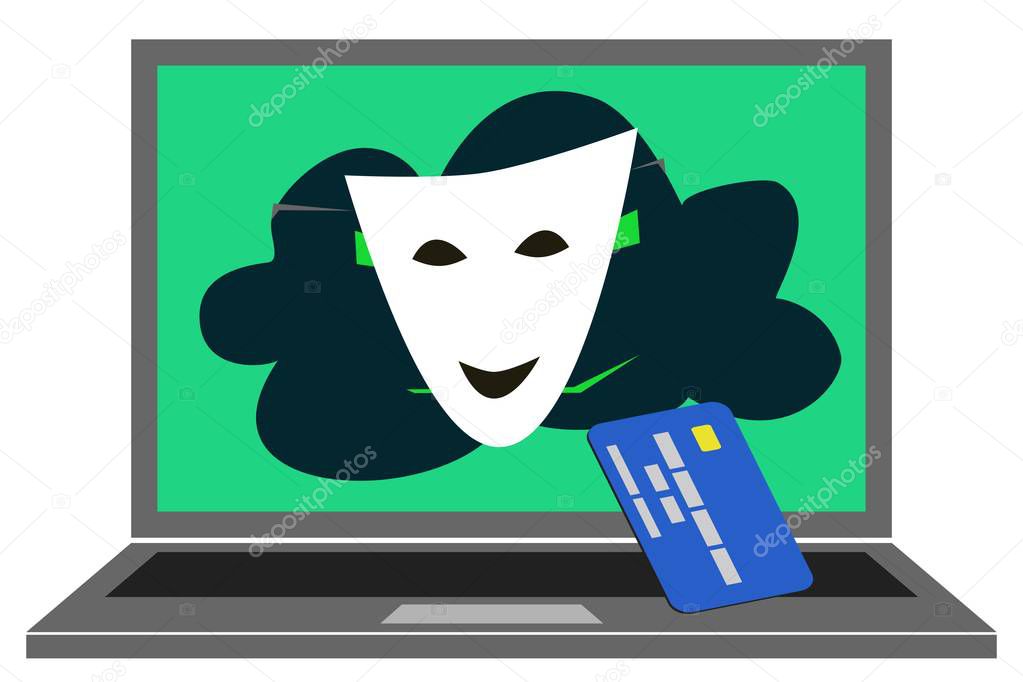 Concept of bank card stealing. Hacker is using mask to fool user and steal identity