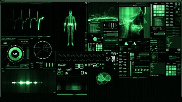 Pantalla Monitor Paciente Futurista Verde Perspectiva Interfaz Pantalla Médica Pantalla — Vídeo de stock