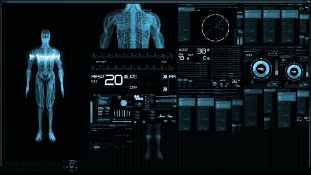 蓝色未来患者显示器屏幕透视 医学屏幕界面 用各种参数测量屏幕 段和心脏病发作的检测 速度器分析 心律失常分析 健康恢复系统 — 图库视频影像