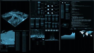 Fütüristik dijital arabirimi ekran. Akarsu ve bilgisayar arayüzü harita, uydu görüntüleri ve ağ durumu, düzeyleri ve sinyalleri spektrumu ile yanıp sönen, son derece detaylı. jeopolitik durum İzleyicisi. Komut Merkezi ekran.
