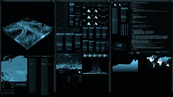 Футуристический Цифровой Интерфейс Экрана Потоковый Мигающий Компьютерный Интерфейс Картой Спутниковыми — стоковое видео
