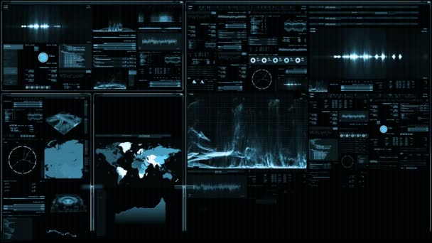 未来数字界面屏幕 与地图 卫星图像和网络状态 水平和频谱信号的流和闪烁计算机接口 非常详细 — 图库视频影像