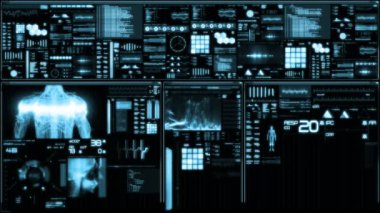 Mavi fütüristik hasta monitör ekran perspektif / tıbbi ekran arayüzü. Çeşitli parametreleri ile ölçülen perde. ST-segment ve kalp krizi algılama, pace-maker analiz ve aritmi analizi, sağlık kurtarma sistemi.  