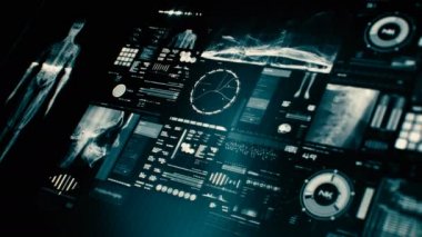Fütüristik hasta monitör ekran perspektif / tıbbi ekran arayüzü. Çeşitli parametreleri ile ölçülen perde. ST-segment ve kalp krizi algılama, pace-maker analiz ve aritmi analizi, sağlık kurtarma sistemi. Vücut tarama kontrol paneli.