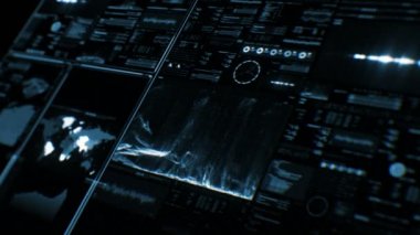Perspektif görünümü fütüristik arabirimi/dijital ekran. Ayrıntılı arka plan ile yanıp sönen ve göstergeler ve komuta merkezi, işleme büyük veri, makine derin öğrenme, neural ağ sistemi çalışmalarını gösterilen durumları arasında geçiş yapma.