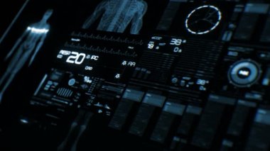 Fütüristik hasta monitör ekran perspektif / tıbbi ekran arayüzü. Çeşitli parametreleri ile ölçülen perde. ST-segment ve kalp krizi algılama, pace-maker analiz ve aritmi analizi, sağlık kurtarma sistemi. Vücut tarama kontrol paneli.