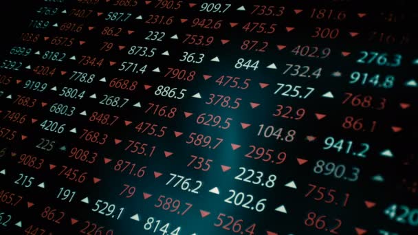 高详细的屏幕 在大面板上的各种股票的增长和下降率 — 图库视频影像