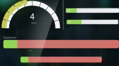Soyut rütbe ve siyah arka plan üzerine düşünceler ile cam panel üzerinde fütüristik dijital arabirimi seviyelerinde,
