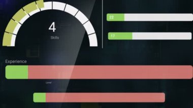 Soyut yer alıyor ve fütüristik dijital arabirim parlayan ve arka plan yanıp sönen ile yansımaları ile cam panel üzerinde düzeyleri.