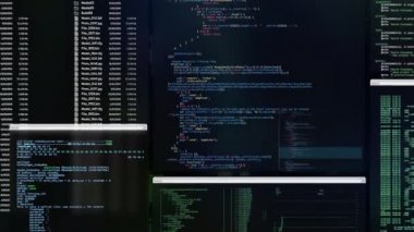 Ruung uygulamalar, hareketli kod listeleri, finansal veri sekmeleri güncelleştirme komutları, fütüristik kontrol paneli. Akan windows komutları ve kod woth nötr renkler yanıp sönen ile. Hacker konsol.