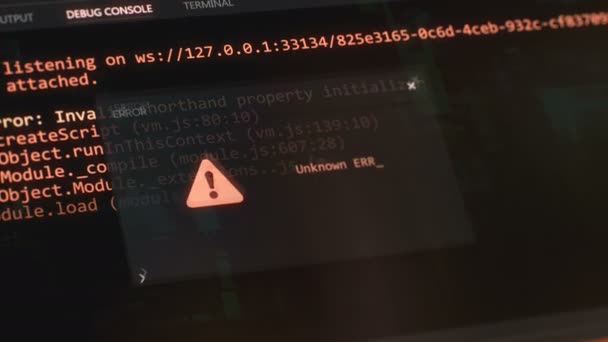 Closup View Error Popup Window Code Editor Software Debugging Process — Stock Video