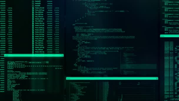 绿色未来控制面板与 Ruung 应用程序 移动代码列表 更新财务数据选项卡 带有闪烁命令和代码的流动窗口 — 图库视频影像