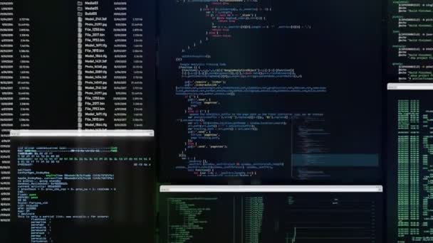Futuristic Control Panel Ruung Applications Moving Code Listings Commands Updating — Stock Video