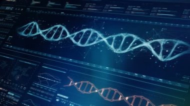 Fütüristik DNA analiz sürecinin ayrıntılı dijital arayüzü. İnsan DNA dizisi monitörü. Yüksek kaliteli tıbbi Hud. Odak dışı etkisi ile soğuk mavi fütüristik tıbbi cam ekran Perspektif görünümü.