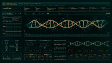 Fütüristik DNA analiz sürecinin ayrıntılı dijital arayüzü. İnsan DNA dizisi monitörü. Yüksek kaliteli tıbbi Hud. Hastanede fütüristik tıbbi ekran ön görünümü.