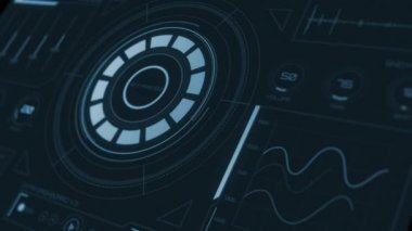 Fütürist hız arayüzü / Dijital perspektif ekranı / Ultra detaylı soyut dijital arkaplan. Göstergeler ve statüler yanıp sönüyor. Komuta merkezi, büyük veriler, makine derin öğrenme, veri analizi. Sürünme hattı. Mavi çubuk şeması.