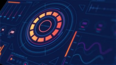 Fütürist hız arayüzü / Dijital perspektif ekranı / Ultra detaylı soyut dijital arkaplan. Göstergeler ve statüler yanıp sönüyor. Komuta merkezi, büyük veriler, makine derin öğrenme, veri analizi. Sürünme hattı. Turuncu çubuk çizelgesi.